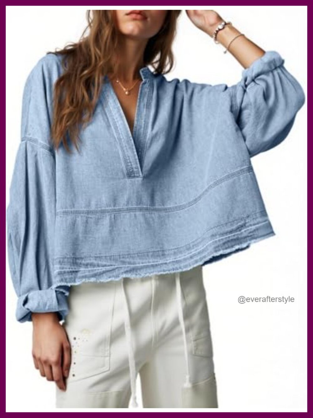 PLNOTME Womens 100% Cotton Denim Top Puff Long Sleeve V Neck Jean Shirt
